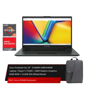   Asus Vivobook Go 14”  E1404FA-EB815WSM Laptop | Ryzen 5 7520U | AMD Radeon Graphics  16GB RAM | 512GB SSD (Mixed Black)