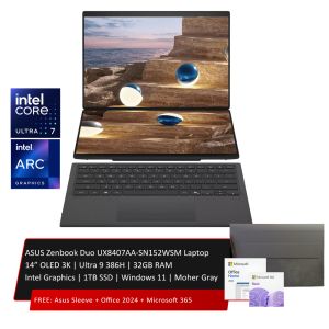 ASUS Zenbook Duo UX8407AA-SN152WSM Laptop 14” OLED 3K | Ultra 9 386H | 32GB RAM | Intel Graphics | 1TB SSD | Windows 11 | Moher Gray 